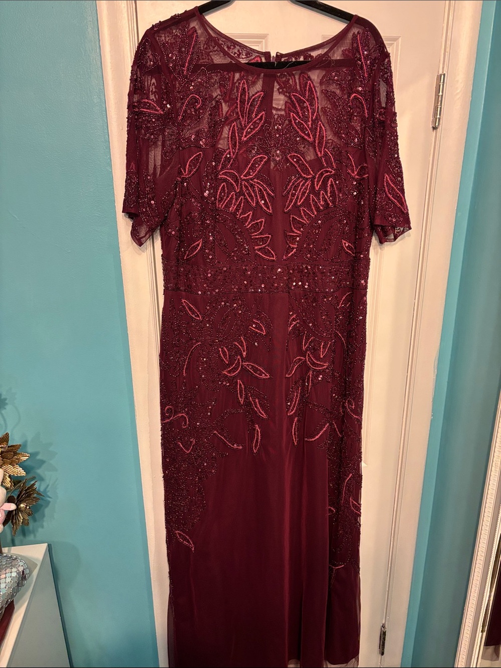 Adrianna Papell Burgundy Embellished Evening Gown sequins rhinestones